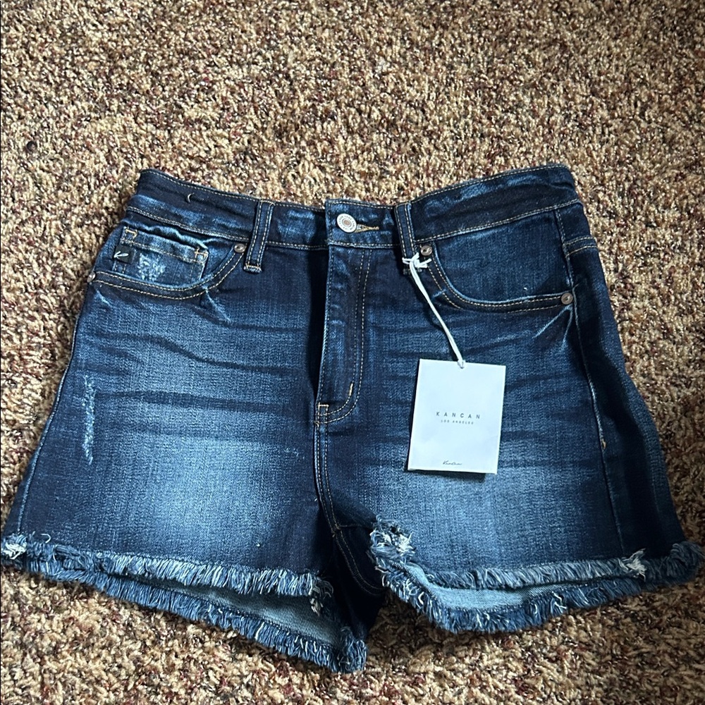 KanCan Dark Blue Distressed Fray Hem Jean Shorts